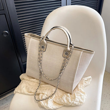 Matte Canvas Shoulder Bag Solid Color with Chain Strap Lightweight Large Capacity Embroidered Zipper Classic Handbag