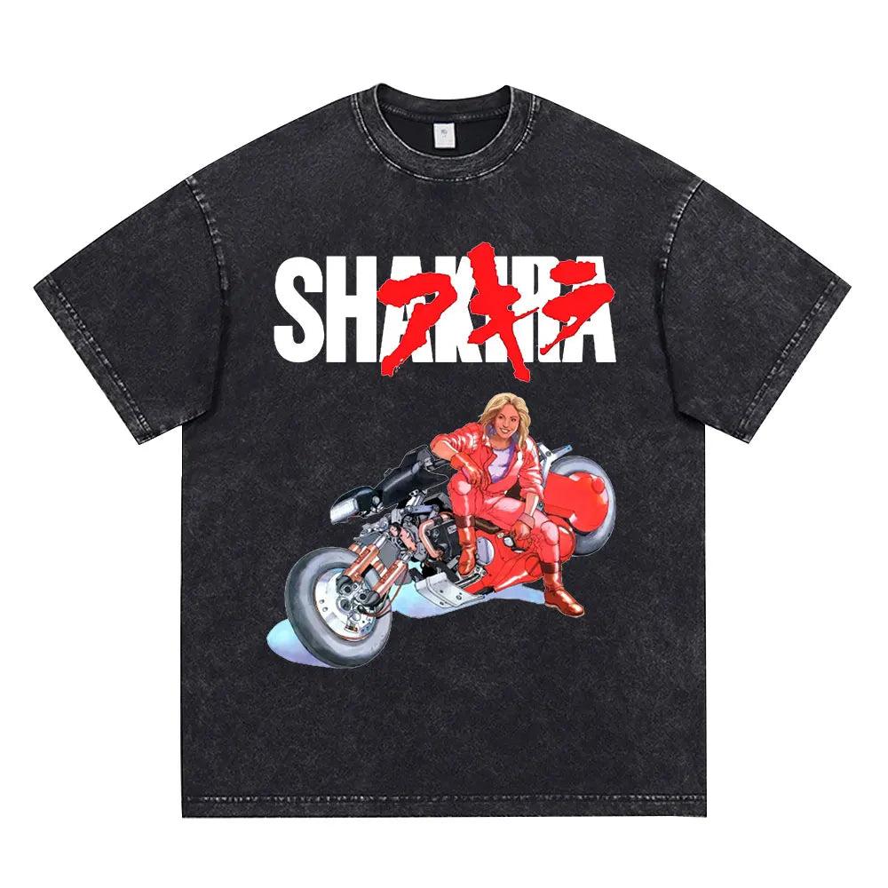 Japanese Anime Akira Washed Vintage T Shirt Science Fiction Cartoon Movie Shotaro Kaneda T-shirt Men Women Cotton Casual T-shirt