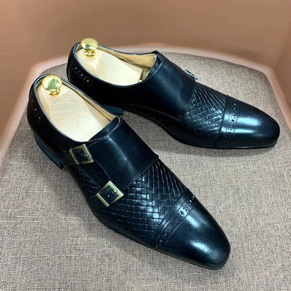 Classic Mens Dress Shoes Genuine Leather Double Buckle Monk Strap Cap Toe Blue Black Wedding Business Formal Suit Shoes for Men