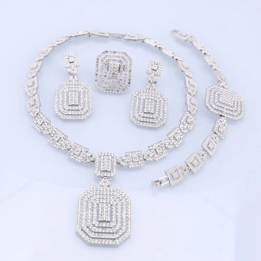 Silver Plated Jewelry Sets For Women Necklace Earrings Bracelet Ring Dubai African Indian Bridal Accessory