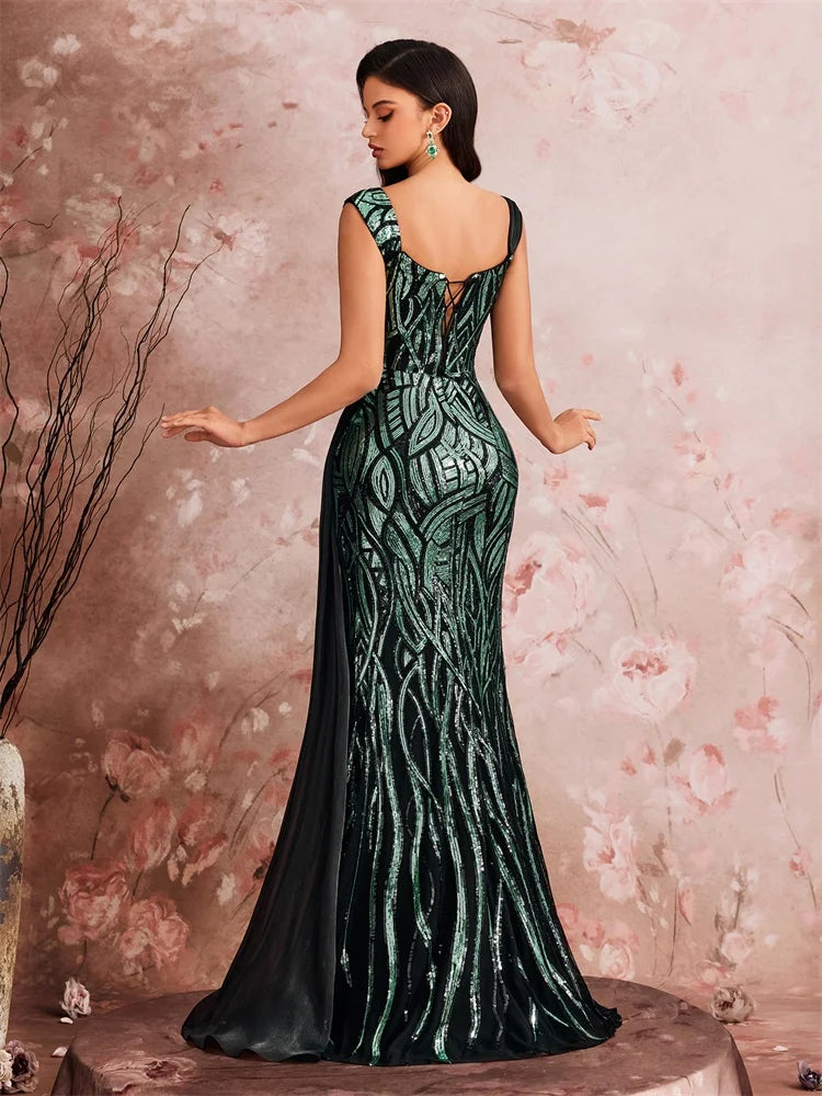 Elegant Splice Sequins Slit Evening Dresses Women Sleeveless Mermaid Formal Luxury Party Streamer Cocktail Gowns