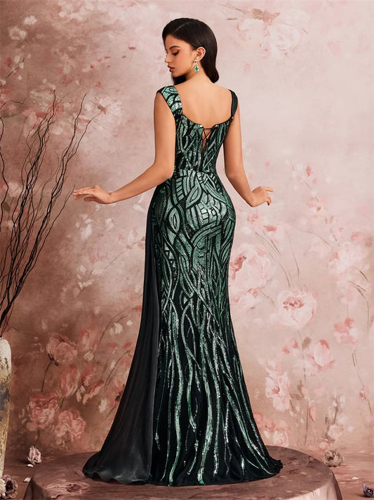 Elegant Splice Sequins Slit Evening Dresses Women Sleeveless Mermaid Formal Luxury Party Streamer Cocktail Gowns