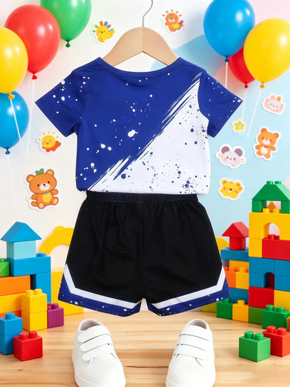 Boys Blue White Color Block Basketball Print Short Sleeve Side Stripe Shorts Set Sport Casual
