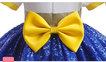 Girl's Sequin Bubble Sleeves Princess Dress 2025 New Baby Bow Knot Contrast Color Fluffy Dress Carnival Performance Dress