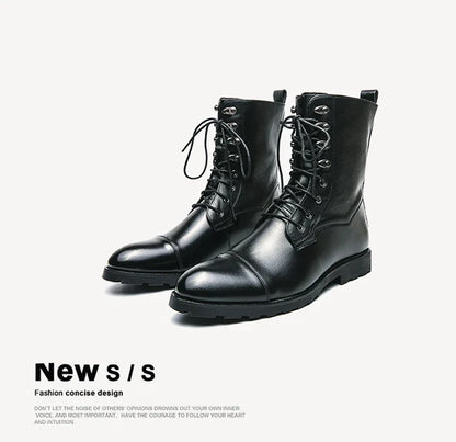 Men Lace Up High-top Boots Fashionable Outdoor Black Combat Boots