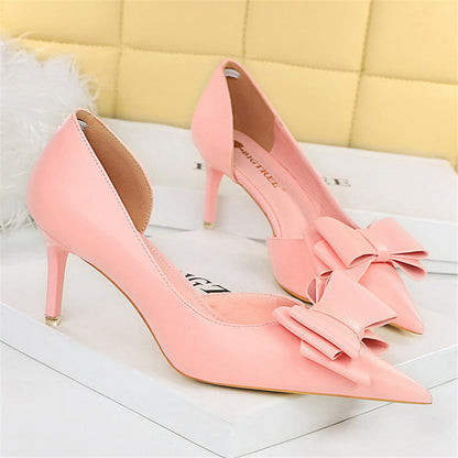 Women 7.5cm 10cm High Heels Korean Pumps Scarpins Cute Bow Middle Low Heels Lady Fetish Sweet Wedding Bridal Yellow Blue Shoes