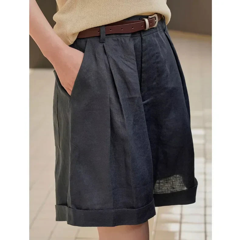 Summer Korea Style Lazy Linen Curled Bermuda Shorts Wide Leg Loose Slim Casual Hot Pants For Women
