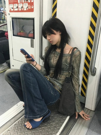 Grunge Aesthetics Mesh Tops Japanese Y2k Sheer Tops Vintage Harajuku See Through Crop Top Korean Fashion Tie Dye T-shirt