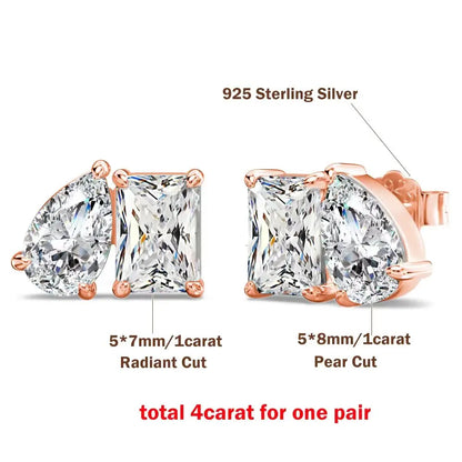 4cttw Radiant/Emerald&Pear Cut Moissanite Stud Earring with Certificate 2Diamond Ear Studs for Women Wedding S925 Silver Jewelry