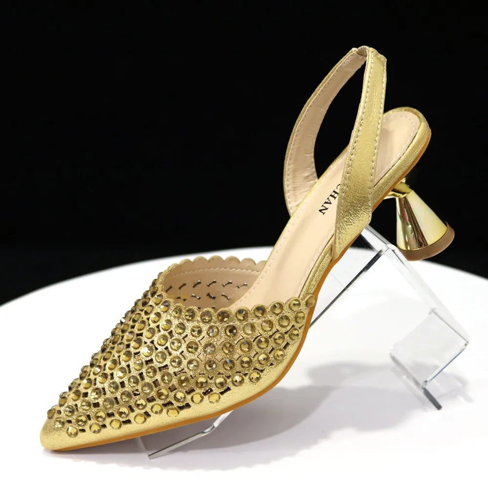 Sapatos Femininos Salto Alto Ponta Fina Designer Luxo Pedras Coloridas Festa Noturna Conjuntos de Sapatos e Bolsas Combinando
