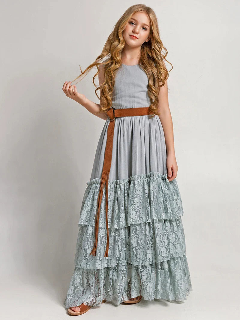 Princess Girls Lace Bohemia Long Dresses Baby Kids Flower Wedding Party Dress Cotton Lining Vestidos Costume Children Clothing