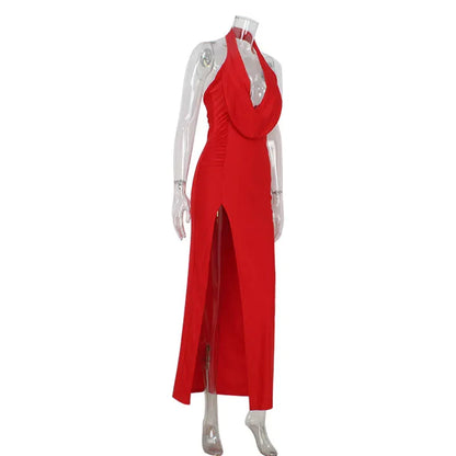 Fashion Sexy Women's Party Dresses Solid Swinging Collar High Split Sleeveless Maxi Slim Folds Blackless Vestidos Robes