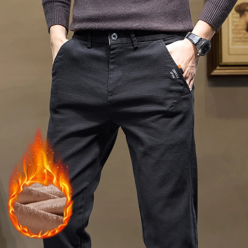 Winter Thicken Men's Solid Slim Straight Casual Pants Business Classic Fleece Trousers Male Warm Plaid Elasticity Pants