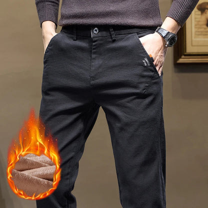 Winter Thicken Men's Solid Slim Straight Casual Pants Business Classic Fleece Trousers Male Warm Plaid Elasticity Pants