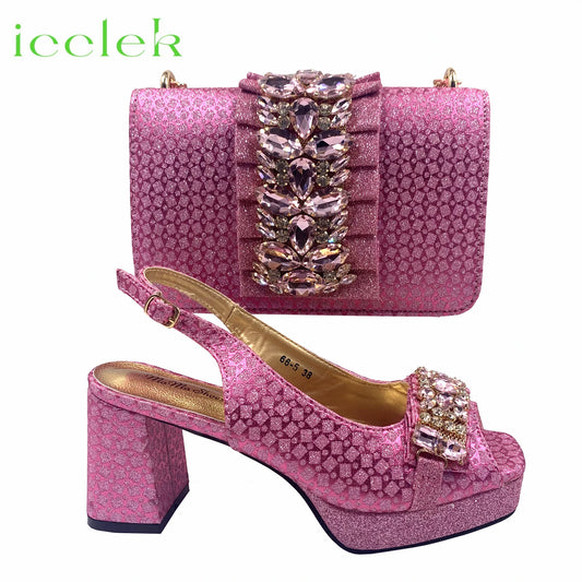 Pink Elegant Women High Heels for Peep Toe Good Material Rhinestone Sandals Italian Design Shoes and Bags Matching