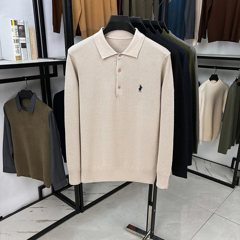 High-end Quality Men's Casual Outdoor Pineapple Pattern Knitted Long-sleeve Polo Shirt (eco-cotton, No Shrinkage No Deformation)