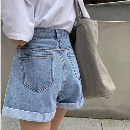 Summer High Waist Denim Shorts Women Casual Loose Ladies Fashion Plus Size Elastic Waist Wide Leg Short Jeans Female