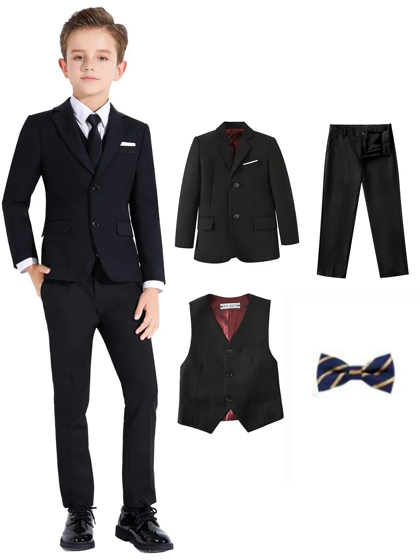 Boys'4-Piece Suits Regular Fit Tuxedo Formal Slim Fit Boys Suit Set Adjustable Waist Piano Suits Jacket Pants Vest Bowtie