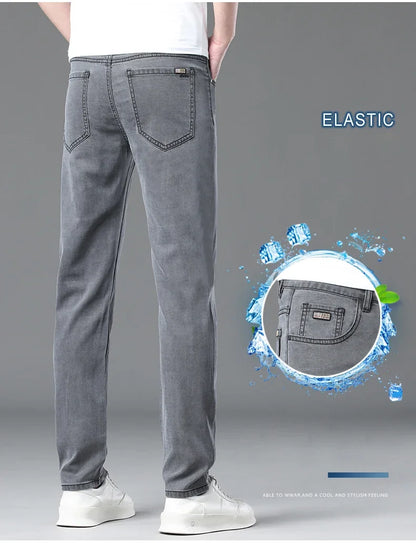 Summer Lyocell Ultra-thin Jeans Men Straight Stretch Breathable Denim Pants Fashion Business Casual Male Trousers Black Gray