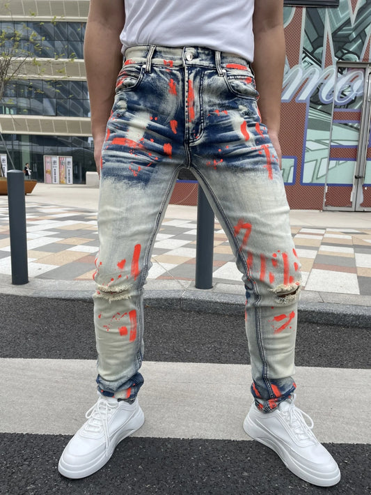 Men's Y2K-Style Denim Pants With Hand Drawn Colorful Tear Stop Pattern Design  Best Selling Product  Free Shipping Included