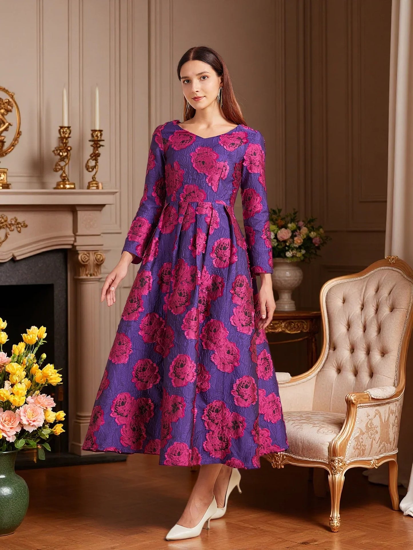 Luxury Long Jacquard Dress for Women Maxi Autumn Winter Party Dress Boho Floral Fashion Evening Clothing Vintage Robe