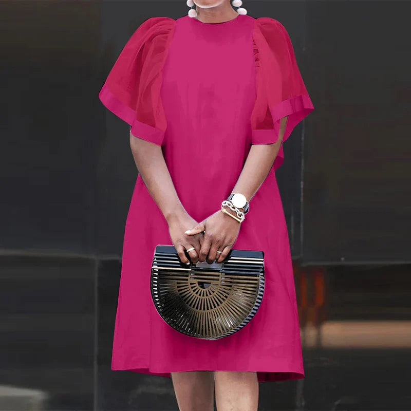 Women Vintage Vestidos Solid Mesh Patchwork Sundress Casual Summer Mini Dress Party Ruffle Short Sleeve Loose Dresses