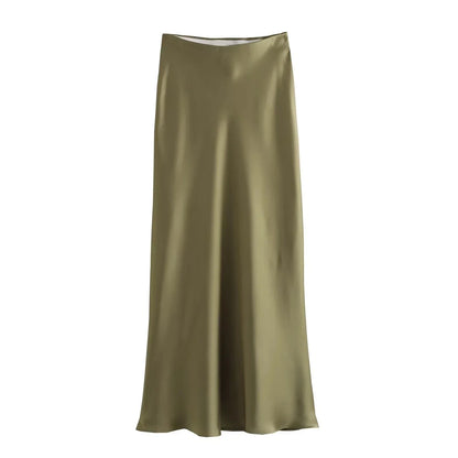 2024 Y2K Casual Women Long Skirt Spring Elastic High Waisted A-Line Casual Female Satin Skirts High Street Lady Skirts