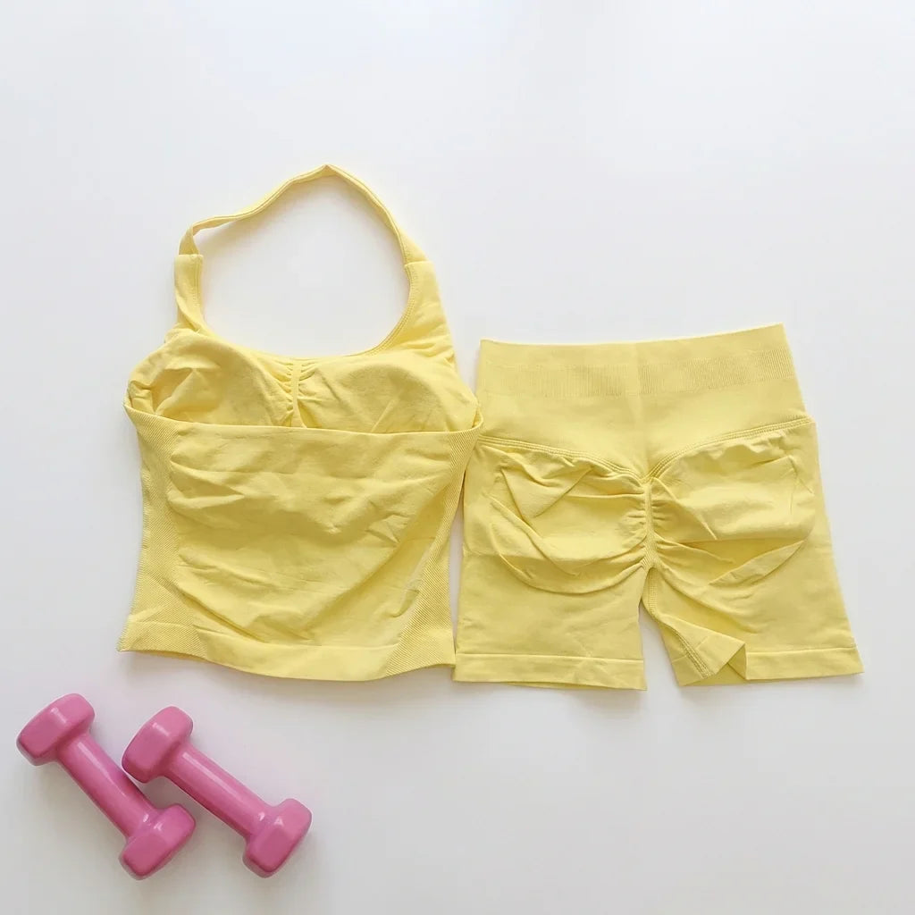 Sexy Halter Neck Beautiful Back High Waist Peach Sports Bras Shorts Suit Pilates Gathering Yoga Vest Training Fitness Bra Sets