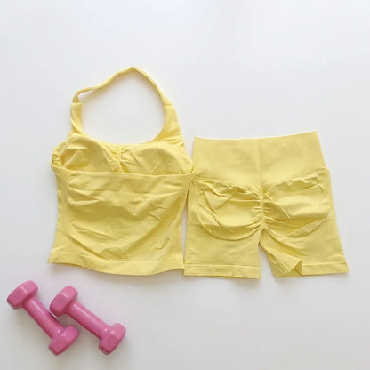 Sexy Halter Neck Beautiful Back High Waist Peach Sports Bras Shorts Suit Pilates Gathering Yoga Vest Training Fitness Bra Sets