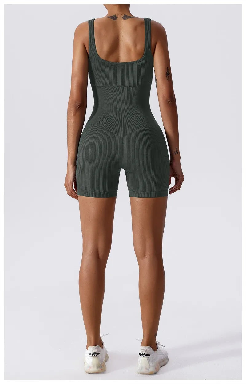 Women's Yoga Rompers One Piece Tummy Control Seamless Ribbed Jumpsuit Padded Sports Bra Workout Romper Fashion Fitness Sportwear