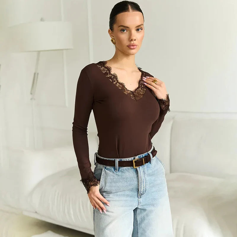 V neck Lace T shirt Top Women Sexy Navel Exposed Pullover Fashion Splice Hot Girl Club Party Top Autumn New Lady T shirt