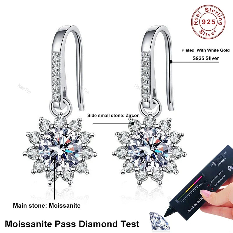 1ct Moissanite Earring 925 Sterling Silver with White Gold Plated Hoops Drop Flower Earring for Women Wedding Jewelry