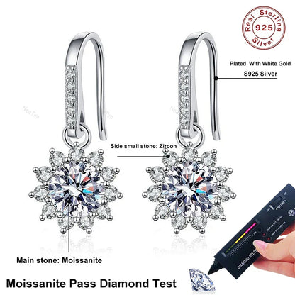 1ct Moissanite Earring 925 Sterling Silver with White Gold Plated Hoops Drop Flower Earring for Women Wedding Jewelry