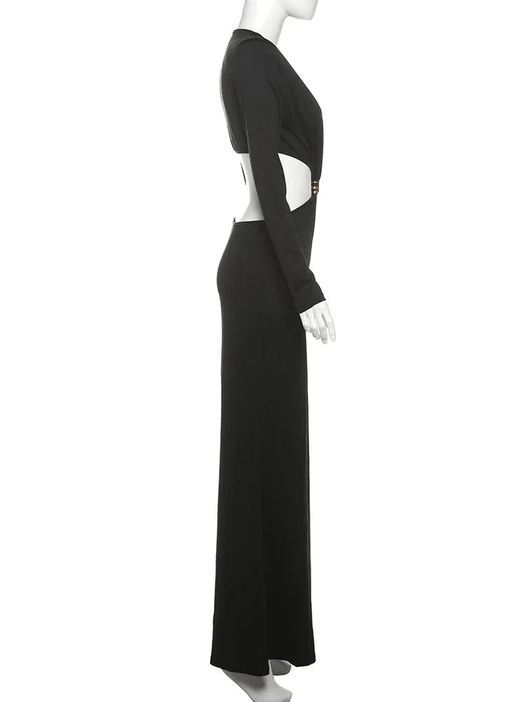 Waistless V-neck Women Maxi Dresses Classic Elegant Lapel Full Sleeve V-neck Sheath Vestidos Female High Street Bodycon