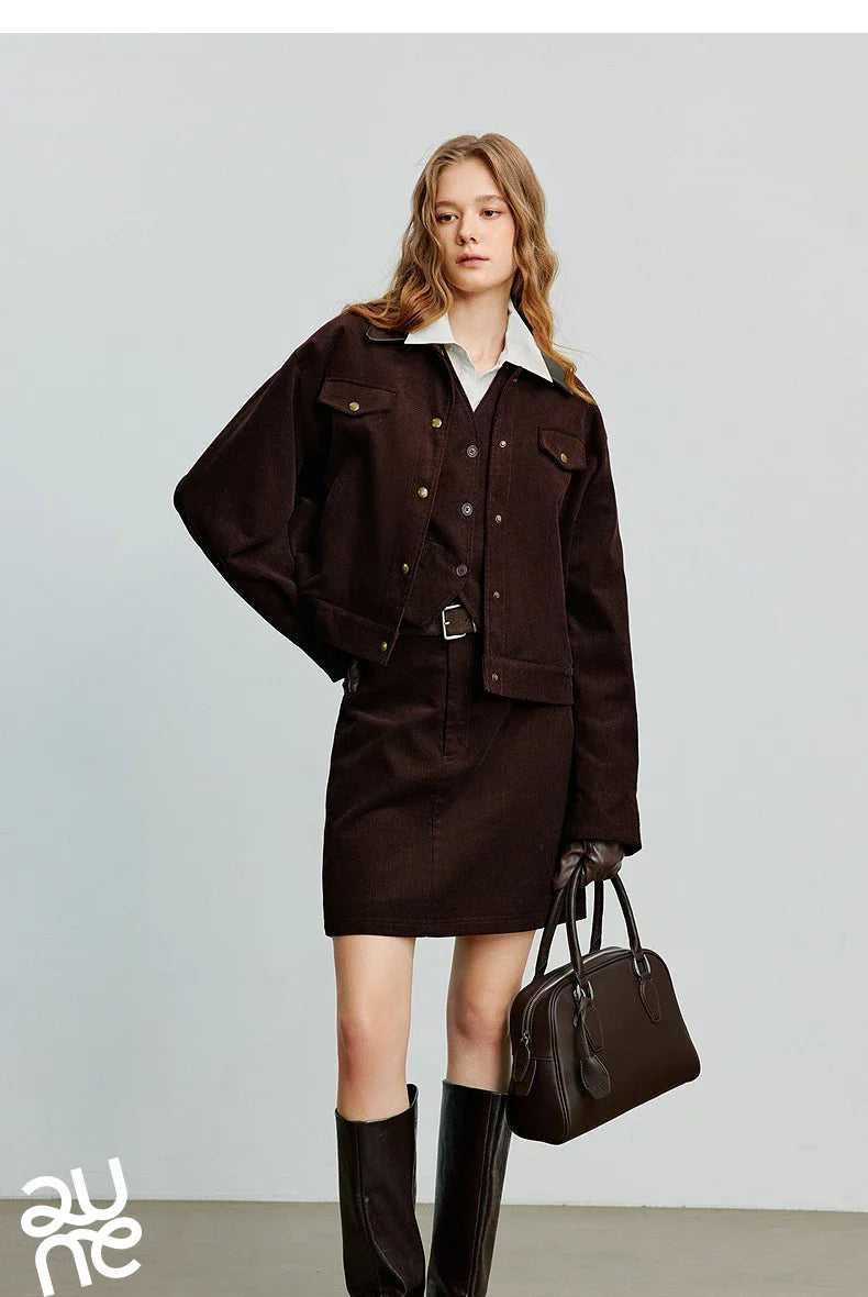 Women Midi Skirt 2025 Autumn New Retro Corduroy Elastic Waist Pure Cotton A Line Mini Skirt