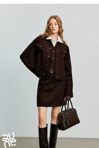 Women Midi Skirt 2025 Autumn New Retro Corduroy Elastic Waist Pure Cotton A Line Mini Skirt