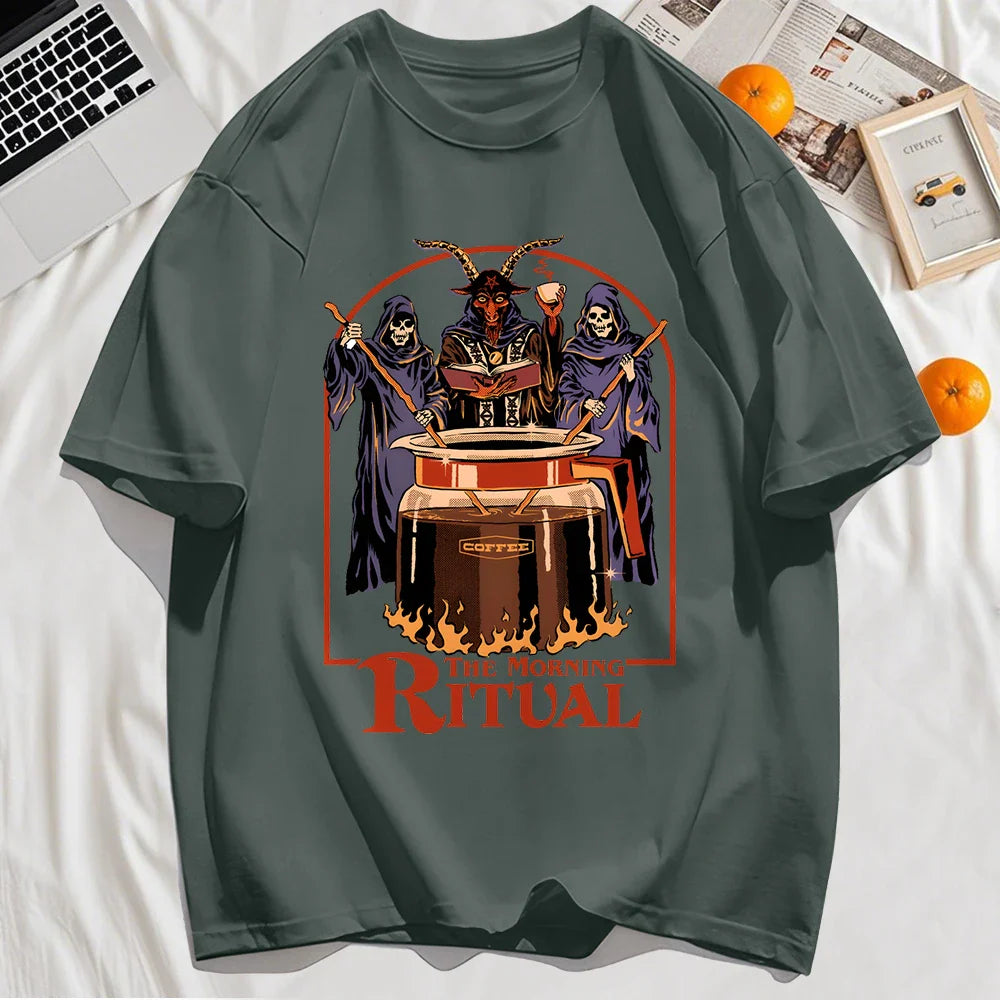 The Morning Ritual Prints Men T-Shirt Summer Breathable Cotton Loose T Shirts All-Match O-Neck Soft Unisex Top