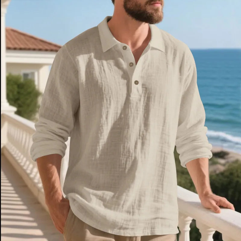 Linen shirt stand-up collar button-down men's loose casual breathable V-neck long-sleeved polo shirt
