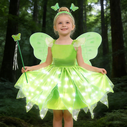 Childern Princess Dress For Girls LED Light With Flower Fairy Dress Up Kids With Wings Halloween Elves Party Tinker Bell Dress