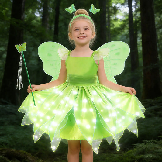 Childern Princess Dress For Girls LED Light With Flower Fairy Dress Up Kids With Wings Halloween Elves Party Tinker Bell Dress