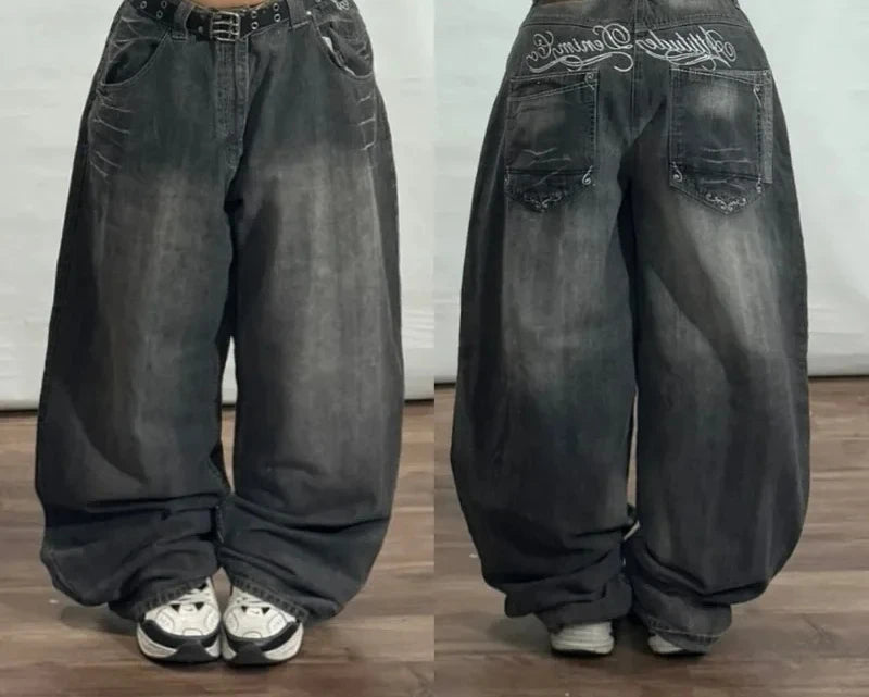 Streetwear New Vintage Letter Printing Washed Baggy Jeans Women Y2K Harajuku Hip Hop Popular Gothic High Waist Wide Leg Pants
