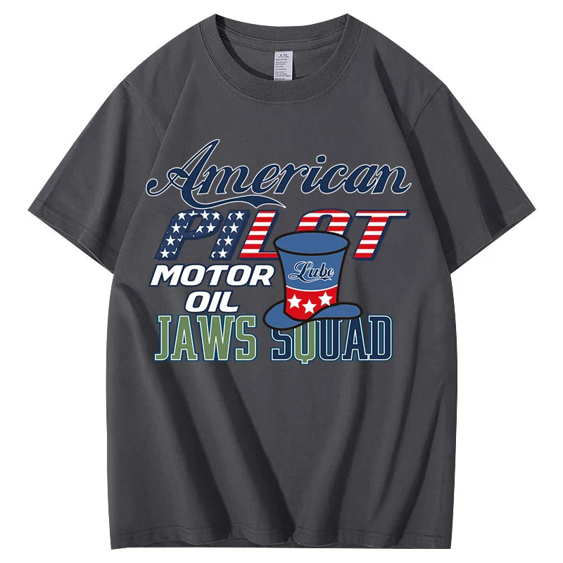 Unisex  American Pilot Motor Oil Graphic T-Shirt USA Flag Print Casual Streetwear Short Sleeve Tee Tee for Men Women