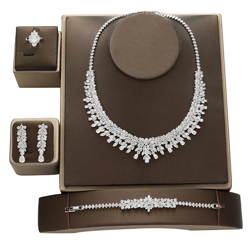 Conjuntos de joias de zircônia nupcial para mulheres, festa, luxo, colar, pulseira, brincos, anéis, casamento, BN8132, presente de aniversário