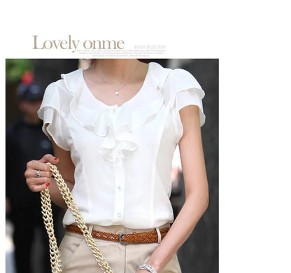 1pcs Woman Summer Korean Ruffled Shirt Lady Chiffon Lotus Leaf Sleeves Turndown Collar Slim Fit Shirt Female Business Attire Top