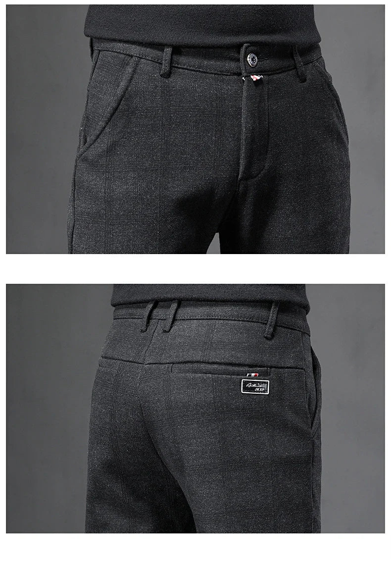 Autumn Men's Brushed Plaid Casual Pants Korean Style Gray Elastic Straight Slim Fit Fashionable Work Pants Blue and Black Male