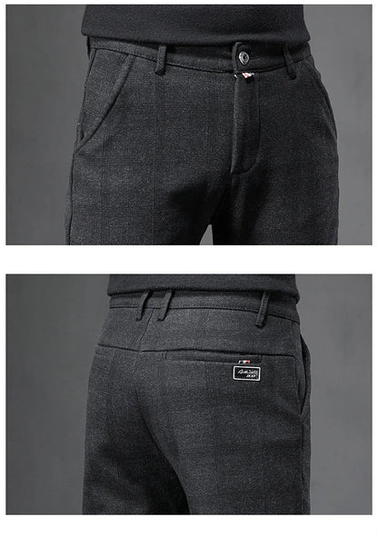Autumn Men's Brushed Plaid Casual Pants Korean Style Gray Elastic Straight Slim Fit Fashionable Work Pants Blue and Black Male