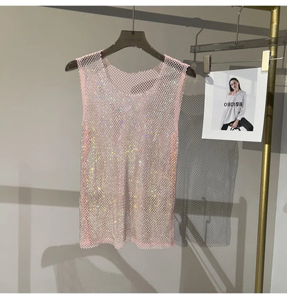 Women&Men Crystal  Rhinestones Shiny Sexy Y2K Tank Tops High Quality Party Club Sexy See Through Mesh Hollow Out Diamond shirt