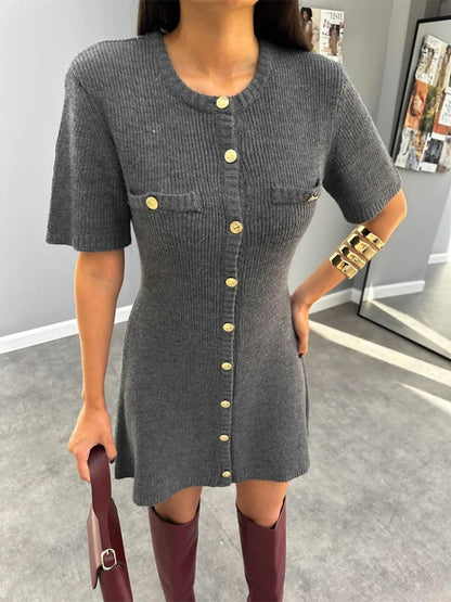 Elegant Knit Mini Dress Women Street Slim High Waist Short Sleeve Rib Sweater Dresses Vacation Bodycon Knitwear Dress