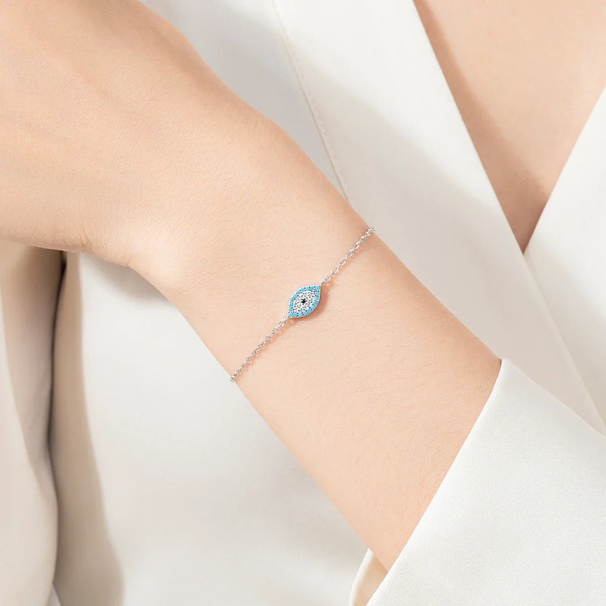Pure 925 Sterling Silver Fashion Natural Turquoise Blue Eyes Bracelet Chain Link For Women Pave Setting CZ Fine Jewelry