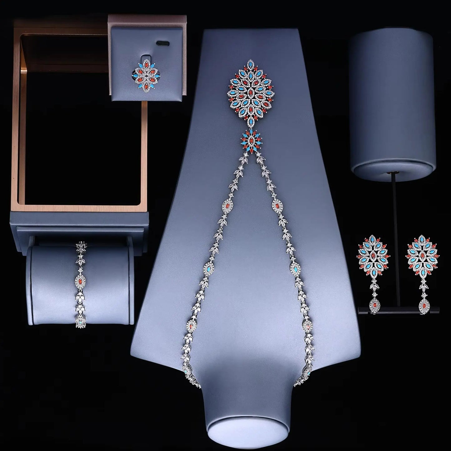 Famosa Marca Turquesa Luxo Africano Conjuntos de Joias para Mulheres Festa de Casamento Zircônia Cristal Dubai Conjunto de Joias de Noiva